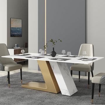 79" White Rectangle Modern Dining Table for 8 Stone Top & Stainless Steel Pedestal